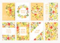 Collection of vector cards and banners with colorful cartoon fruits apple, orange, pear, cherry, lemon and lime