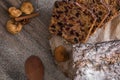 Fruits Cristmas cake on dark brown wooden table. Cinnamon, star anise and figs. Royalty Free Stock Photo