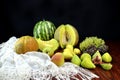 Fruits and crochet lace tablecloth