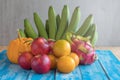 Fruits diet concept. different fruits on wooden table Royalty Free Stock Photo