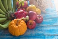 Fruits diet concept. different fruits on wooden table Royalty Free Stock Photo