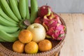 Fruits diet concept. different fruits on wooden table Royalty Free Stock Photo