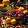 fruits of different colors with green leaves on golden plates