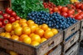 the fruits are displayed in wooden boxes at the outdoor market Royalty Free Stock Photo