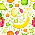 Fruits do yoga. Seamless pattern. Banana, lemon, orange, apple, pear, pitahaya