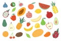 Fruits. Doodle apple, orange and pear, lemon and watermelon, cherry and pineapple, kiwi. Banana, peach and avocado vegan Royalty Free Stock Photo