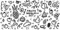 Fruits doodles icon set. ollection of sketches of fruits and berries. Hand drawn lines cartoon icons set. For restaurants, cafes, Royalty Free Stock Photo