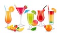 Fruits drinks. Seasonal summer realistic cocktails. Berries, fruit alcoholic and non alcoholic beverages. Isolated