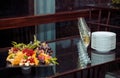 Fruits and drinks served on table