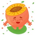 Cheerful peach. Cute character in kawaii cartoon style. Print, postcard, icon