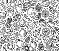 Fruits, exotic fruits and berries seamless pattern. Vector endless black on white background. Vintage engraving style. Royalty Free Stock Photo