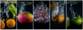 Fruits falling into the water with splashes and bubbles Royalty Free Stock Photo