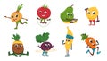 Fruits fitness. Vegetables cartoon characters doing fitness exercises and sport activities. Vector cute and funny Royalty Free Stock Photo