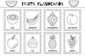 Fruits flashcards black and white collection. Flash cards for coloring in outline