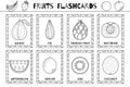 Fruits flashcards black and white collection. Healthy food flash cards set