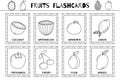 Fruits flashcards black and white set. Flash cards collection for coloring in outline. Learn food vocabulary