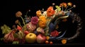 Fruits and flowers on black background. Harvest and abundance concept. Cornucopia, horn of plenty. AI Generated Royalty Free Stock Photo