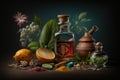 fruits and flowers mixed in a potion to create homeopathic remedies. Ai generated
