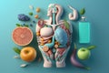 Fruits forming a human body metabolism and nutrition, Eating Diet Food for Energy and Digestion. Generative Ai