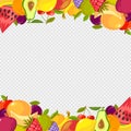 Fruits frame. Healthy vitamin food watermelon cherry lemon raspberry apple transparent background