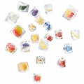 Fruits frozen in ice cube, ice cube in front view, single ice cube isolated on white background. 3d rendering