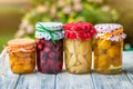 Fruit compote in jar. Garden as background