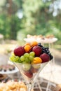 Fruits in glass. Wedding decor. Summer wedding in the wood. grapes, apricots