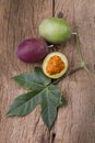 Fruits of gulupa on vine wood table Royalty Free Stock Photo