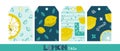 Fruits hand drawn labels. Lemon texture. Healthy and fresh citrus color tags. Light blue, mint and dark blue background with fille