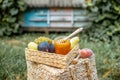 Fruits and honey on the apiary