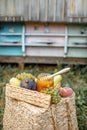 Fruits and honey on the apiary