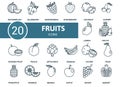 Fruits icon set. Collection contain watermelon, mango, strawberry, peach and over icons. Fruits elements set