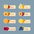 Fruits icon set. Labels with fruits. Flat style, vector illustration. Royalty Free Stock Photo