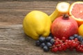 Fruits isolated on wooden background.