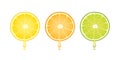 Juice in the shape of drop flowing from a slice of lemon,orange and lime on white background. Royalty Free Stock Photo