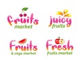 Fruits market lettering set. Organic foods typography stickers. Fresh harvest isolated vector illustrations in flat