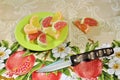 Fruits marmalade sweet dessert colored candied fruit jelly gourmet snack folding knife wood handle background