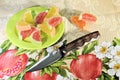 Fruits marmalade sweet dessert colored candied fruit jelly gourmet snack folding knife wood handle background