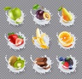 Fruits Milk Splashes Realistic Set Royalty Free Stock Photo