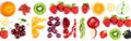 Fruits. Mixed fruits and berries on the white background. Fresh food. Word fruit