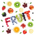 Fruits. Mixed fruits and berries on the white background. Fresh food. Word fruit