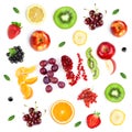 Fruits. Mixed fruits and berries on the white background. Fresh food. Word fruit. Background Royalty Free Stock Photo