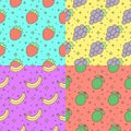 Fruits multicolored outline seamless vector pattern set (strawberry, grape, banana, lime). Part two.