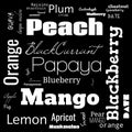 fruits name word cloud. word cloud use for banner, painting, motivation, web-page, website background, t-shirt & shirt printing, Royalty Free Stock Photo