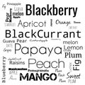 fruits name word cloud. word cloud use for banner, painting, motivation, web-page, website background, t-shirt & shirt printing, Royalty Free Stock Photo