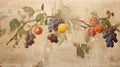 Fruits on old cracked wall fresco, vintage painting of food, Ancient art of still life. Concept of beauty, history, civilization,