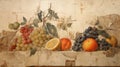 Fruits on old cracked wall fresco, vintage painting of food, Ancient art of still life. Concept of beauty, mural, history, culture