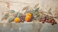 Fruits on old cracked wall fresco, vintage painting of food, Ancient art of still life. Concept of beauty, mural, history, grape,