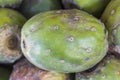 Fruits of Opuntia ficus-indica, cactus fruit (tuna) on a market in Peru, natural look, close up macro. Royalty Free Stock Photo