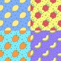 Fruits outline seamless vector pattern set (lemon, strawberry, persimmon, melon). Minimalistic design. Part three.